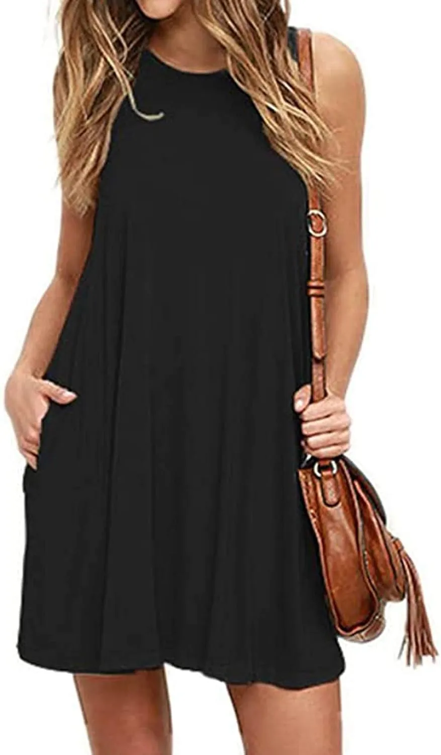 Sundress for Women Summer Casual Solid Sleeveless Flowy T Shirt Dresses Beach Cover up Tank Dress with Pockets