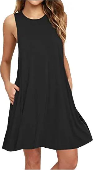 Sundress for Women Summer Casual Solid Sleeveless Flowy T Shirt Dresses Beach Cover up Tank Dress with Pockets