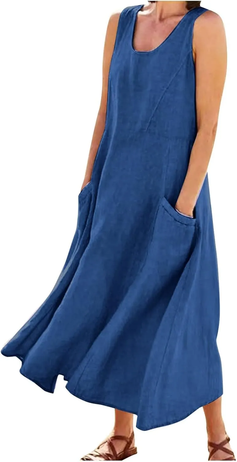 Sundresses for Women 2025 Vacation Plus Size Linen Maxi Dress Flwoy Summer Boho Beach Tank Dress with Pockets