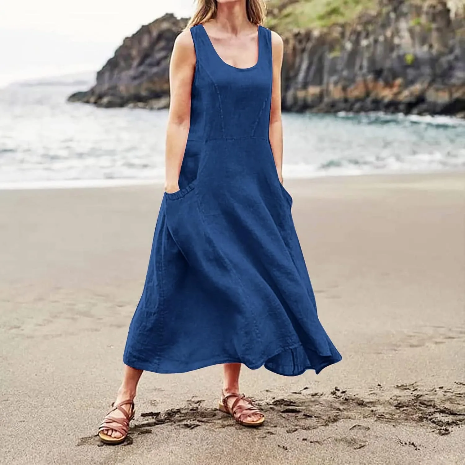 Sundresses for Women 2025 Vacation Plus Size Linen Maxi Dress Flwoy Summer Boho Beach Tank Dress with Pockets