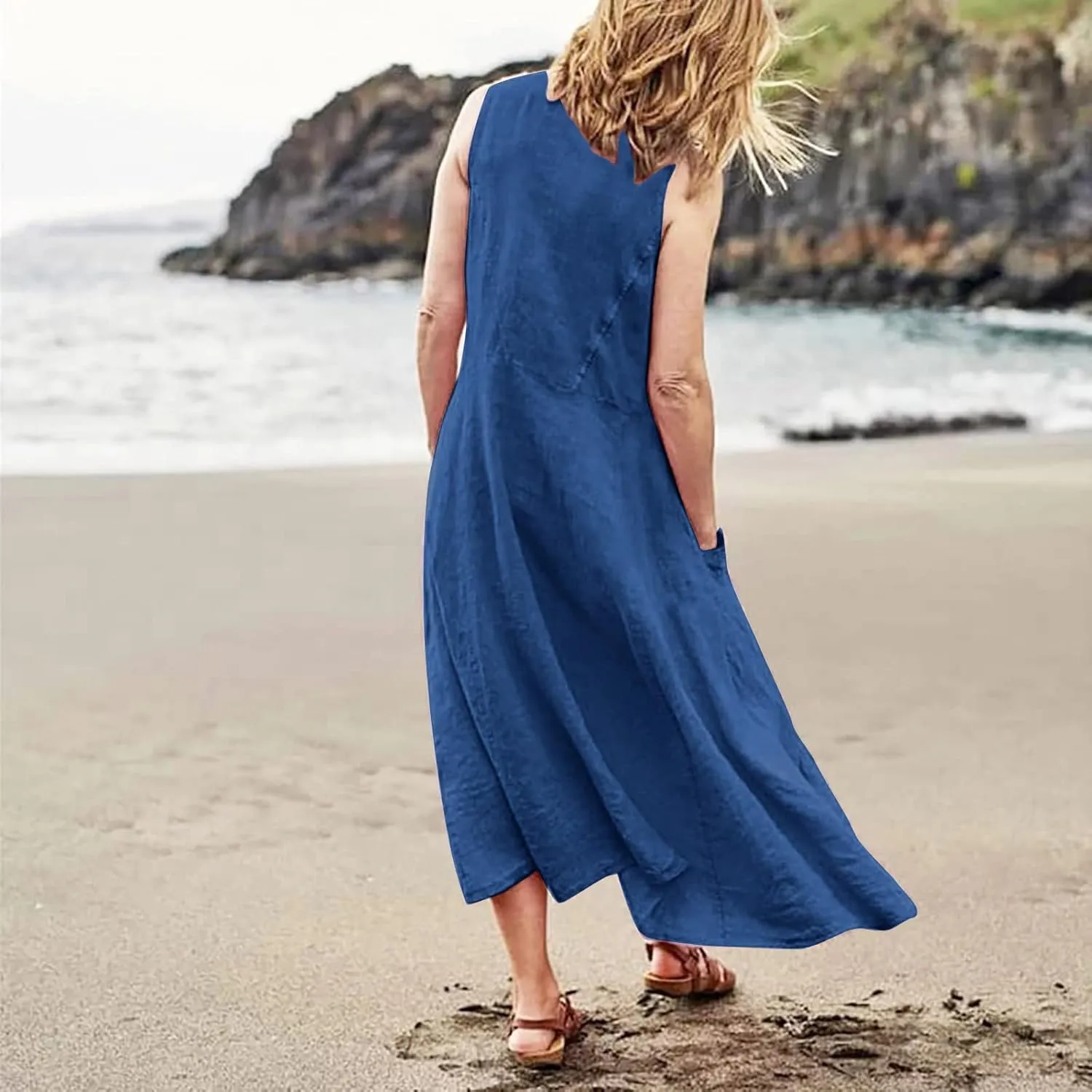 Sundresses for Women 2025 Vacation Plus Size Linen Maxi Dress Flwoy Summer Boho Beach Tank Dress with Pockets