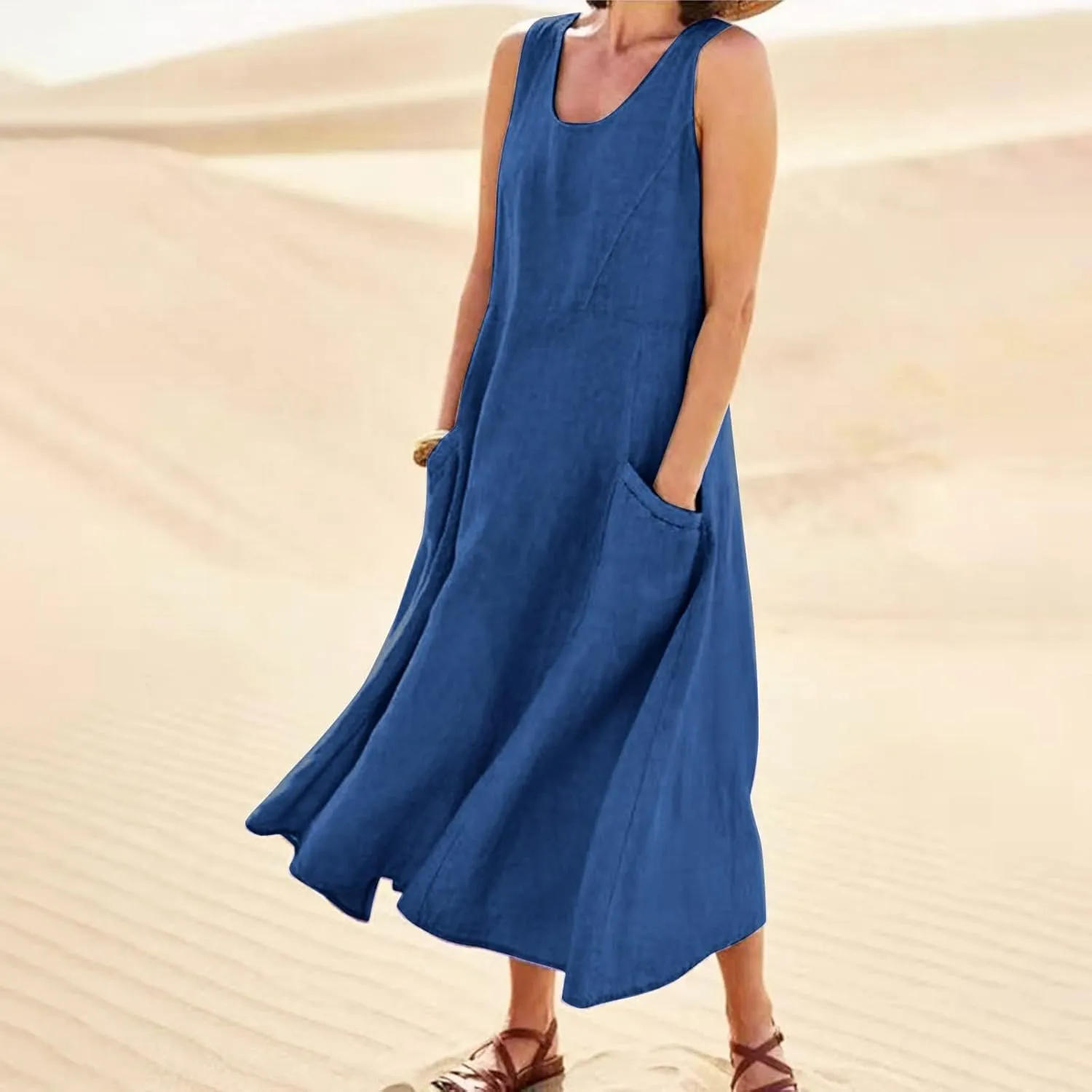 Sundresses for Women 2025 Vacation Plus Size Linen Maxi Dress Flwoy Summer Boho Beach Tank Dress with Pockets