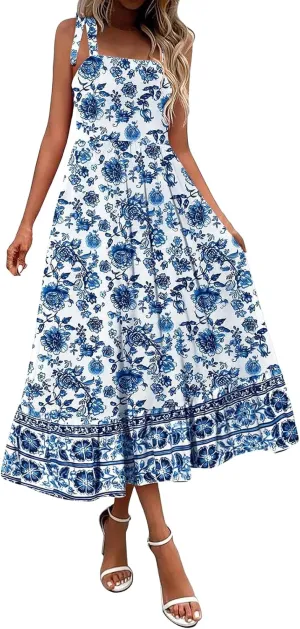 Sundresses for Women Summer Boho Dresses Spaghetti Strap A Line High Waist Maxi Long Dress Fashion Floral Dress 2025