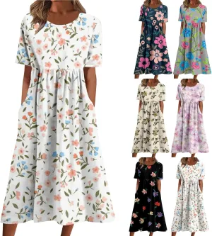 Sundresses for Women Summer Floral Casual Loose Dresses Vintage Bohemian Round Neck Short Sleeve Dress with Pockets