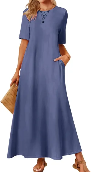 T Shirt Dresses for Women 2025 Summer Casual Maxi Dress Short Sleeve Crewneck Long Dresses Loose Sundress with Pockets