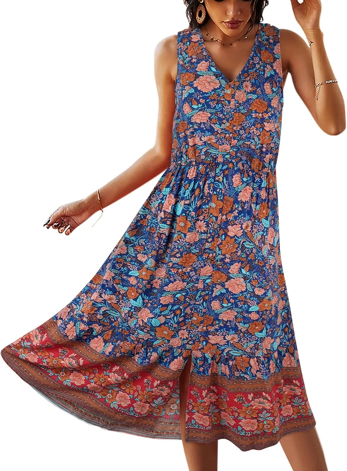 TEMOFON Women Dress Summer Sleeveless Bohemian: Floral V Neck Button Down Flowy Boho Dresses S-XL