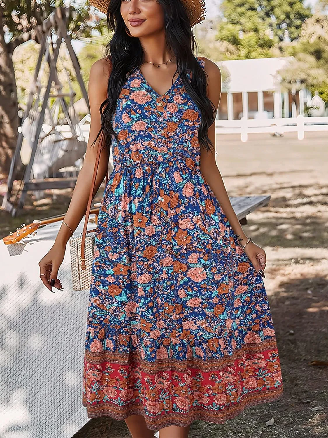 TEMOFON Women Dress Summer Sleeveless Bohemian: Floral V Neck Button Down Flowy Boho Dresses S-XL