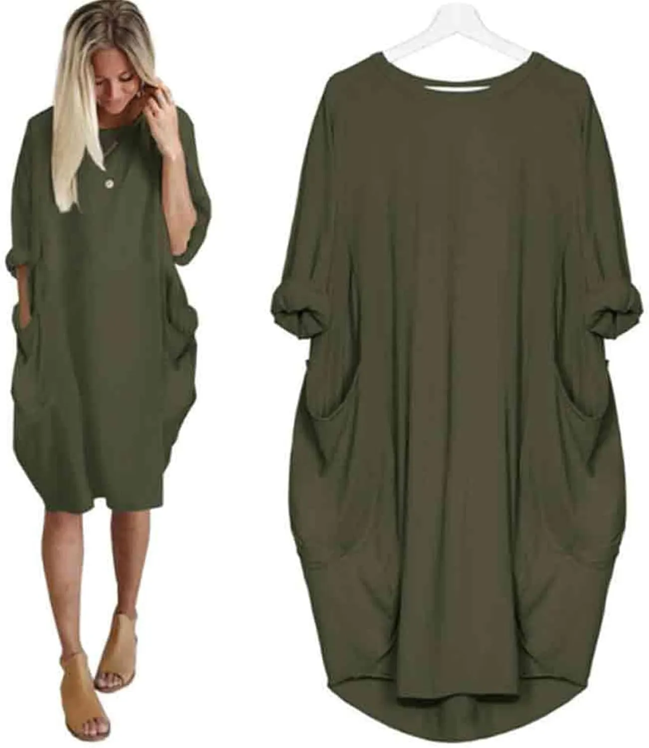 Tshirt Dress Women Casual Roll-Up Oversized Dress Loose Crew Neck T Shirt Midi Dresses Comfortable Dresses with Pockets