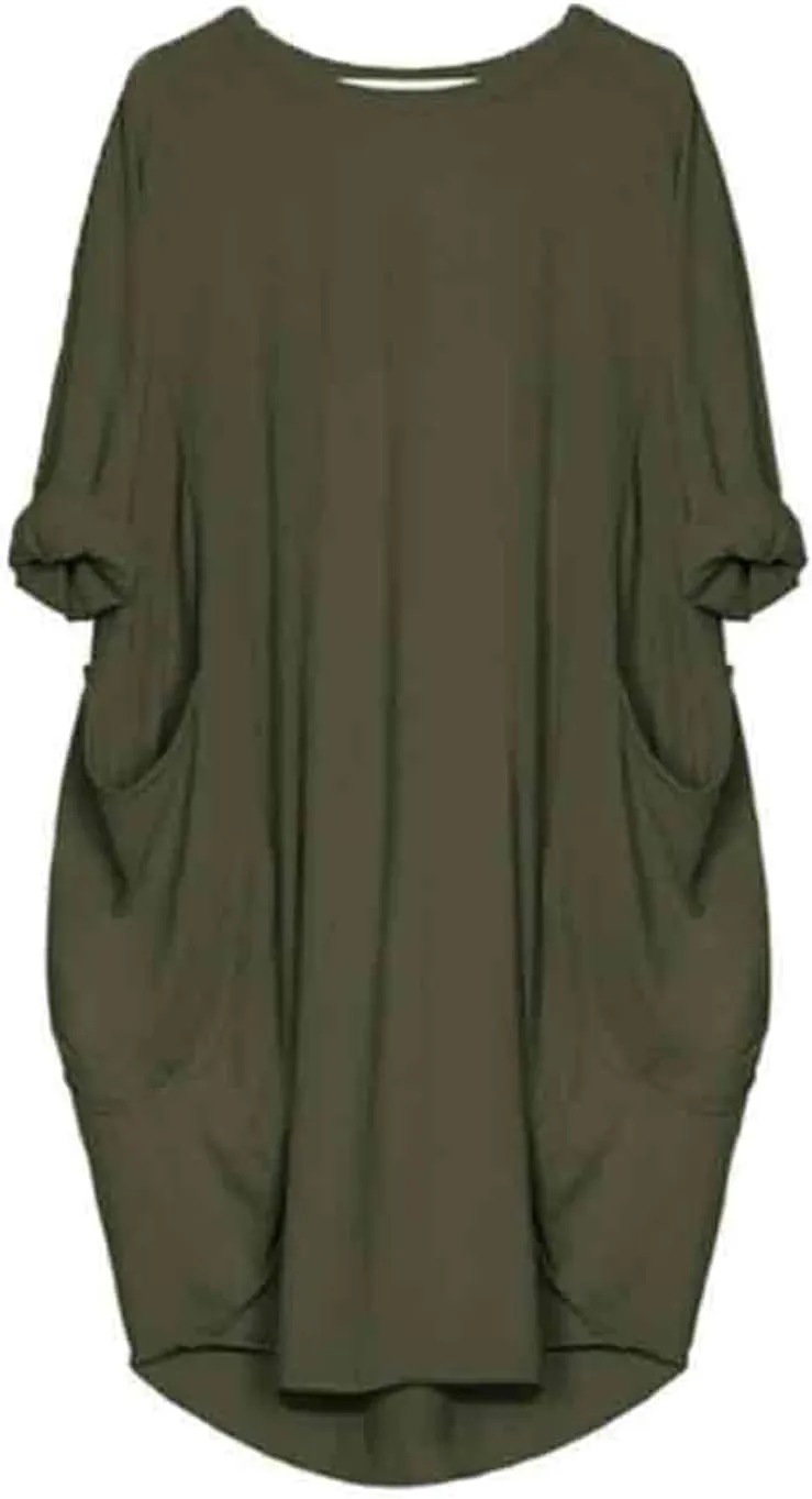 Tshirt Dress Women Casual Roll-Up Oversized Dress Loose Crew Neck T Shirt Midi Dresses Comfortable Dresses with Pockets
