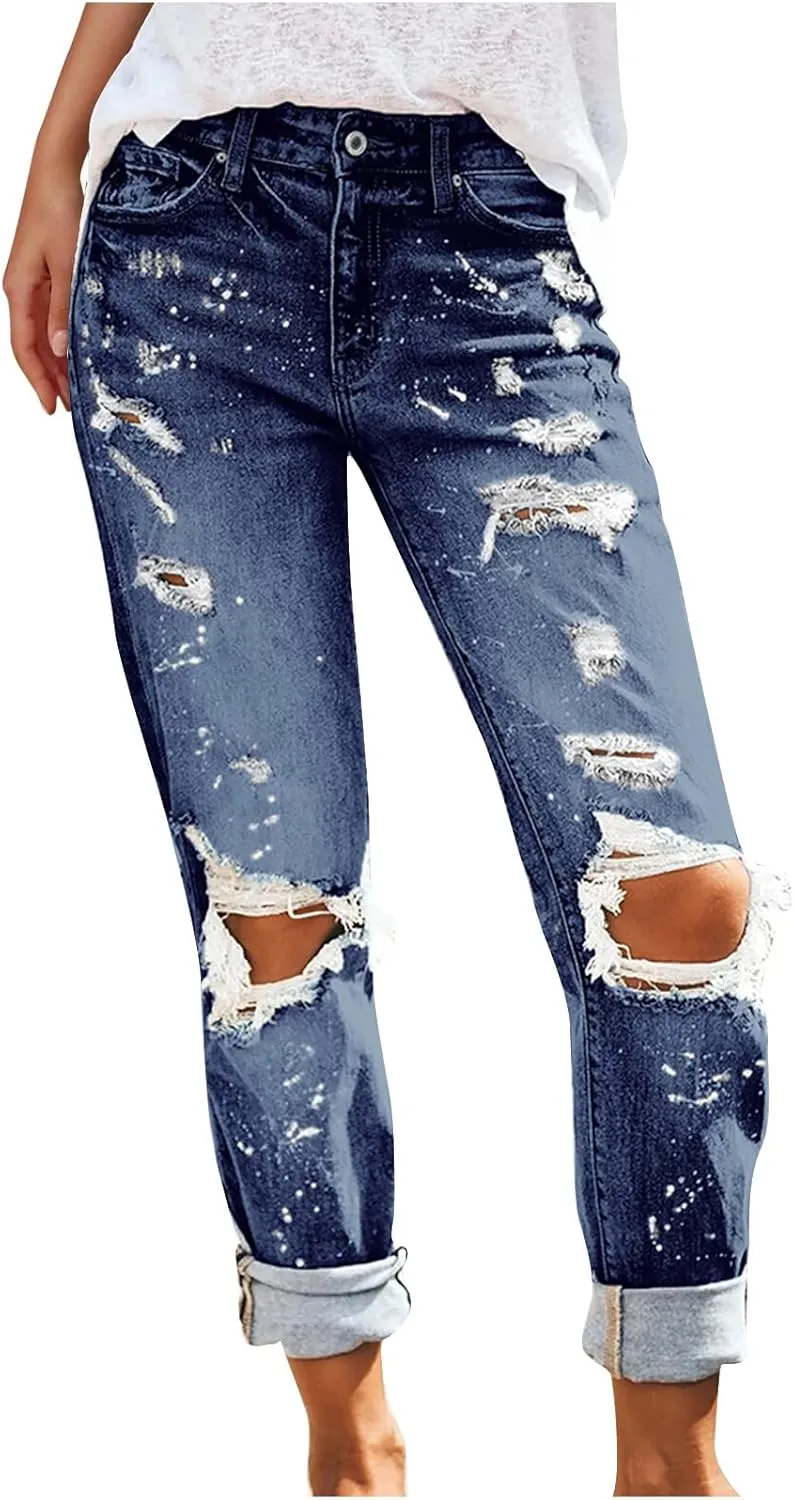 tuduoms Women Ripped Mid Rise Jeans Frayed Hem Denim Stretchy Skinny Jeans Fashion Boyfriend Distressed Ribbed Jegging Jeans