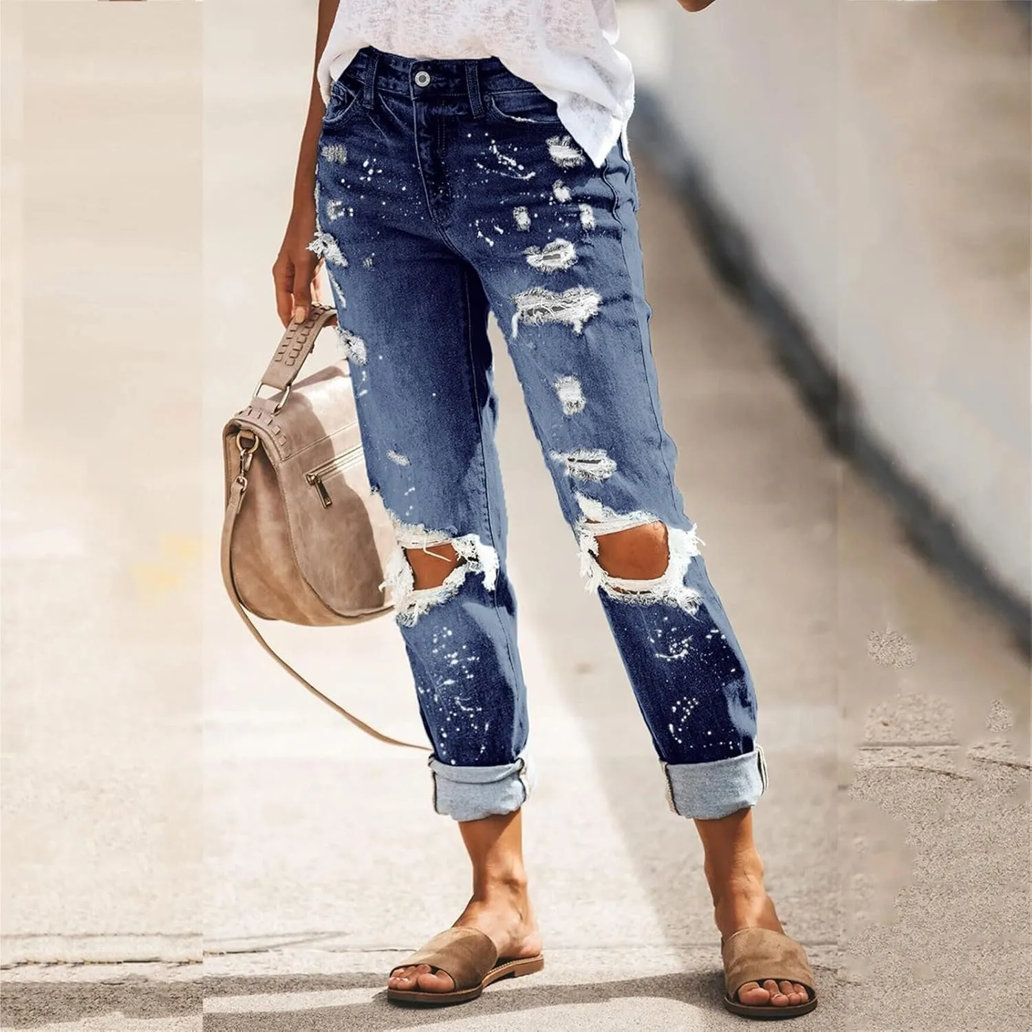 tuduoms Women Ripped Mid Rise Jeans Frayed Hem Denim Stretchy Skinny Jeans Fashion Boyfriend Distressed Ribbed Jegging Jeans