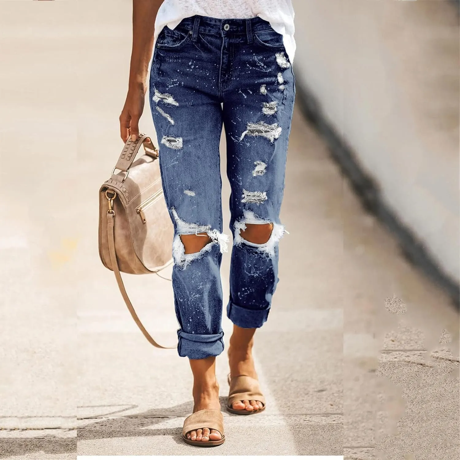 tuduoms Women Ripped Mid Rise Jeans Frayed Hem Denim Stretchy Skinny Jeans Fashion Boyfriend Distressed Ribbed Jegging Jeans