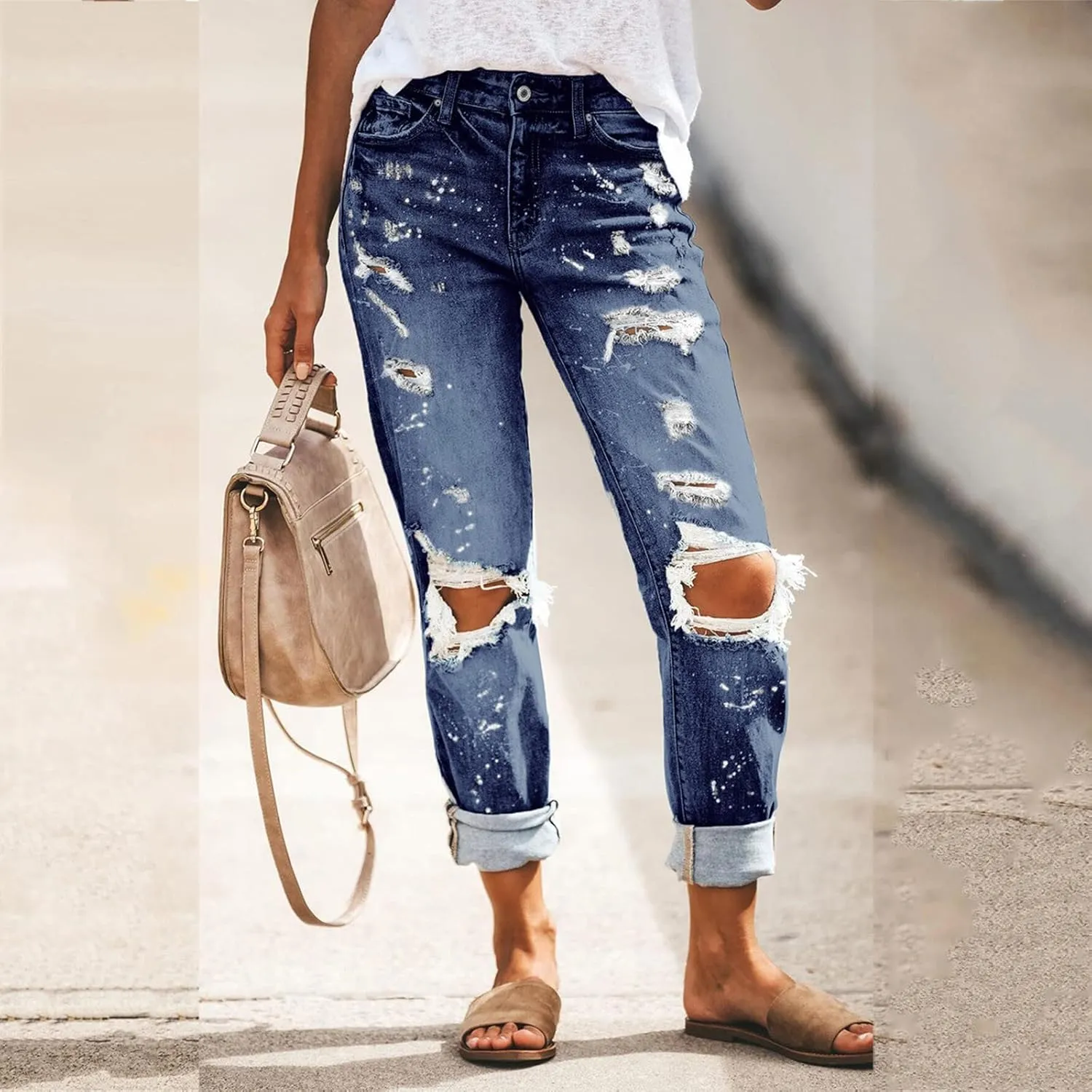 tuduoms Women Ripped Mid Rise Jeans Frayed Hem Denim Stretchy Skinny Jeans Fashion Boyfriend Distressed Ribbed Jegging Jeans