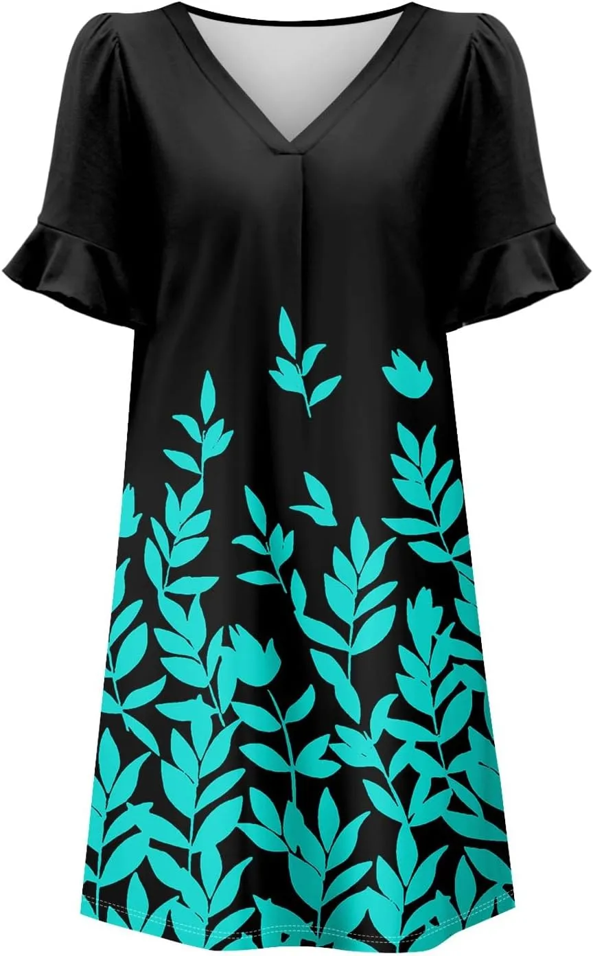 TWGONE Summer Dresses for Curvy Women Plus Size Ruffle Short Sleeve V Neck Casual Semi Formal Shift Dress with Pockets