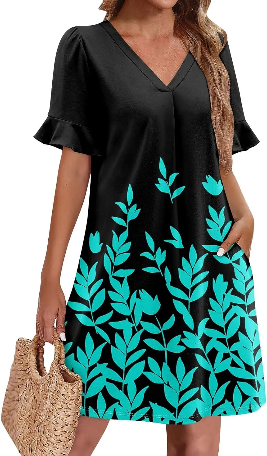 TWGONE Summer Dresses for Curvy Women Plus Size Ruffle Short Sleeve V Neck Casual Semi Formal Shift Dress with Pockets