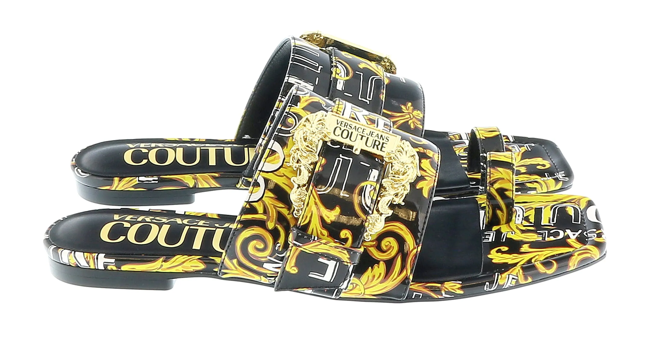 Versace Jeans Couture Black Gold Logo Baroque Flat Slip On Mule Sandals-