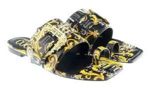 Versace Jeans Couture Black Gold Logo Baroque Flat Slip On Mule Sandals-