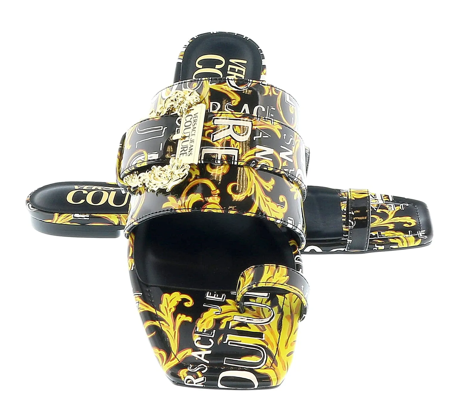 Versace Jeans Couture Black Gold Logo Baroque Flat Slip On Mule Sandals-