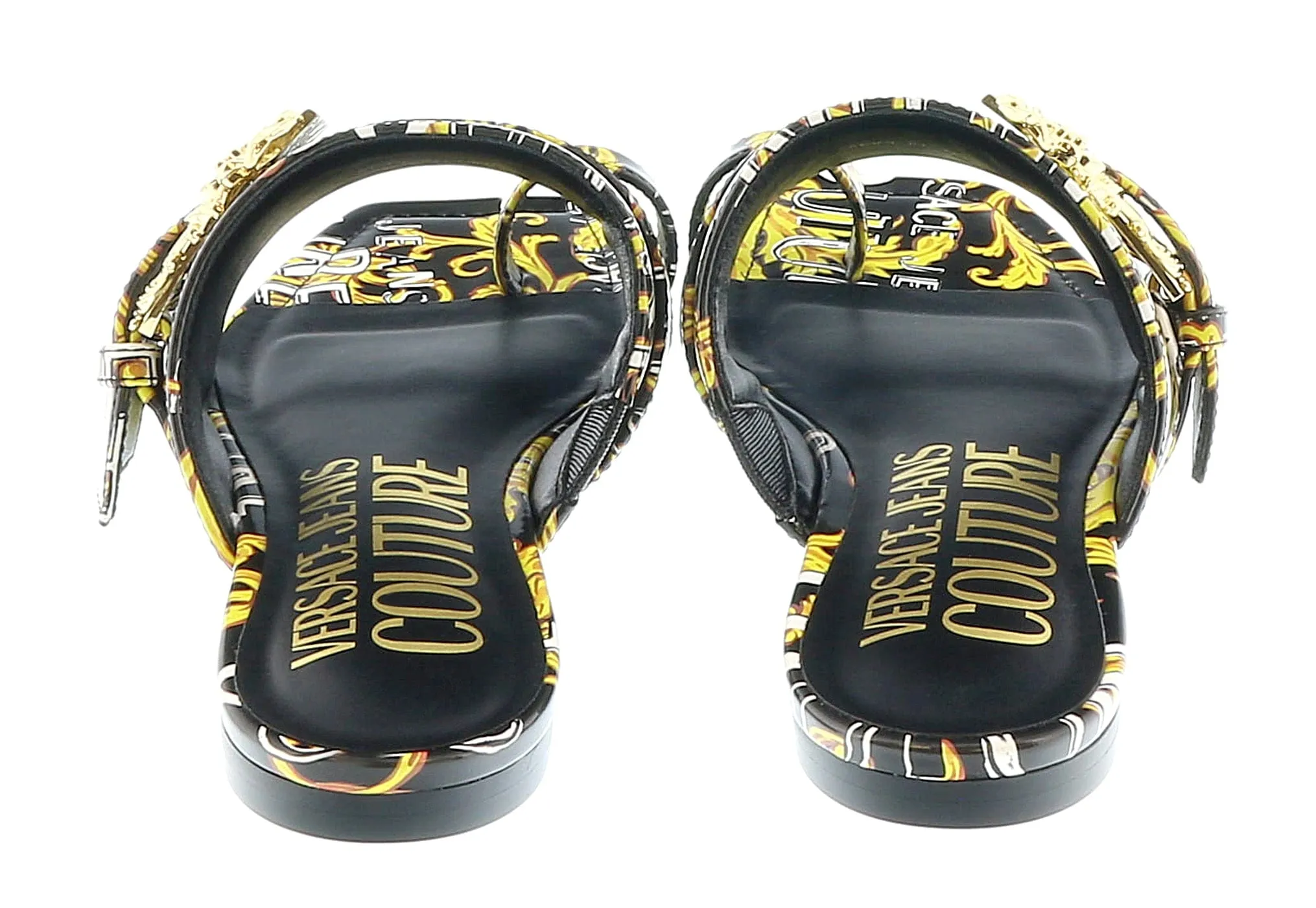 Versace Jeans Couture Black Gold Logo Baroque Flat Slip On Mule Sandals-