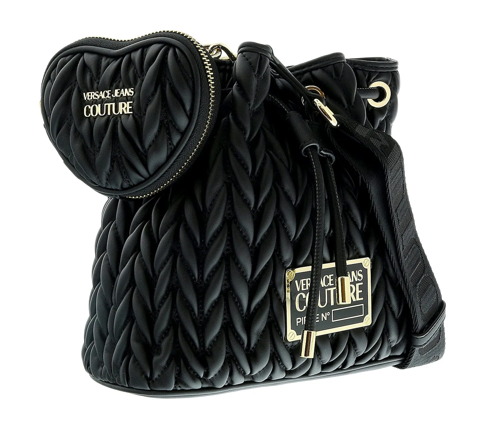 Versace Jeans Couture Black Heart Charm Purse Small Baroque Print Bucket Crossbody Bag
