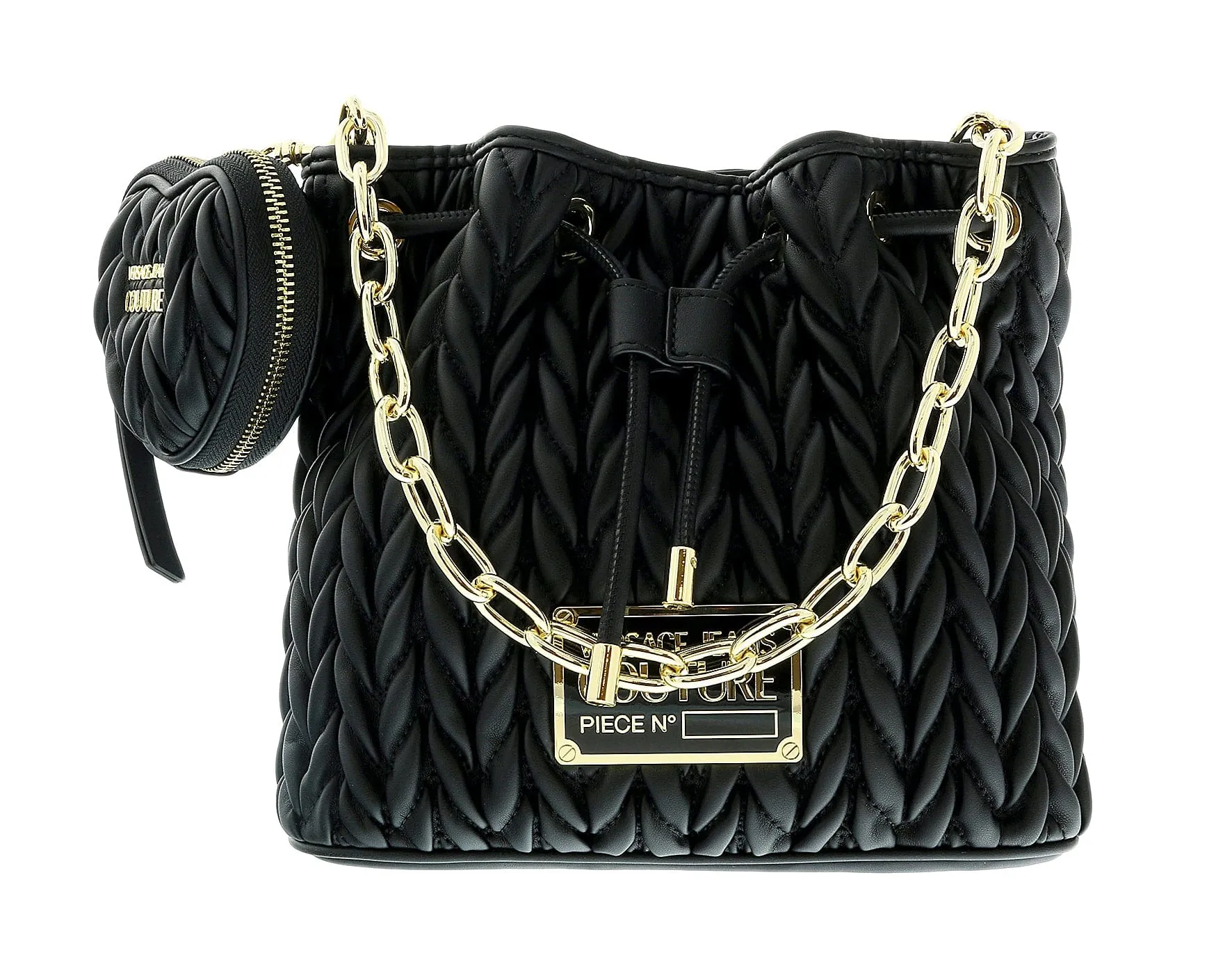 Versace Jeans Couture Black Heart Charm Purse Small Baroque Print Bucket Crossbody Bag