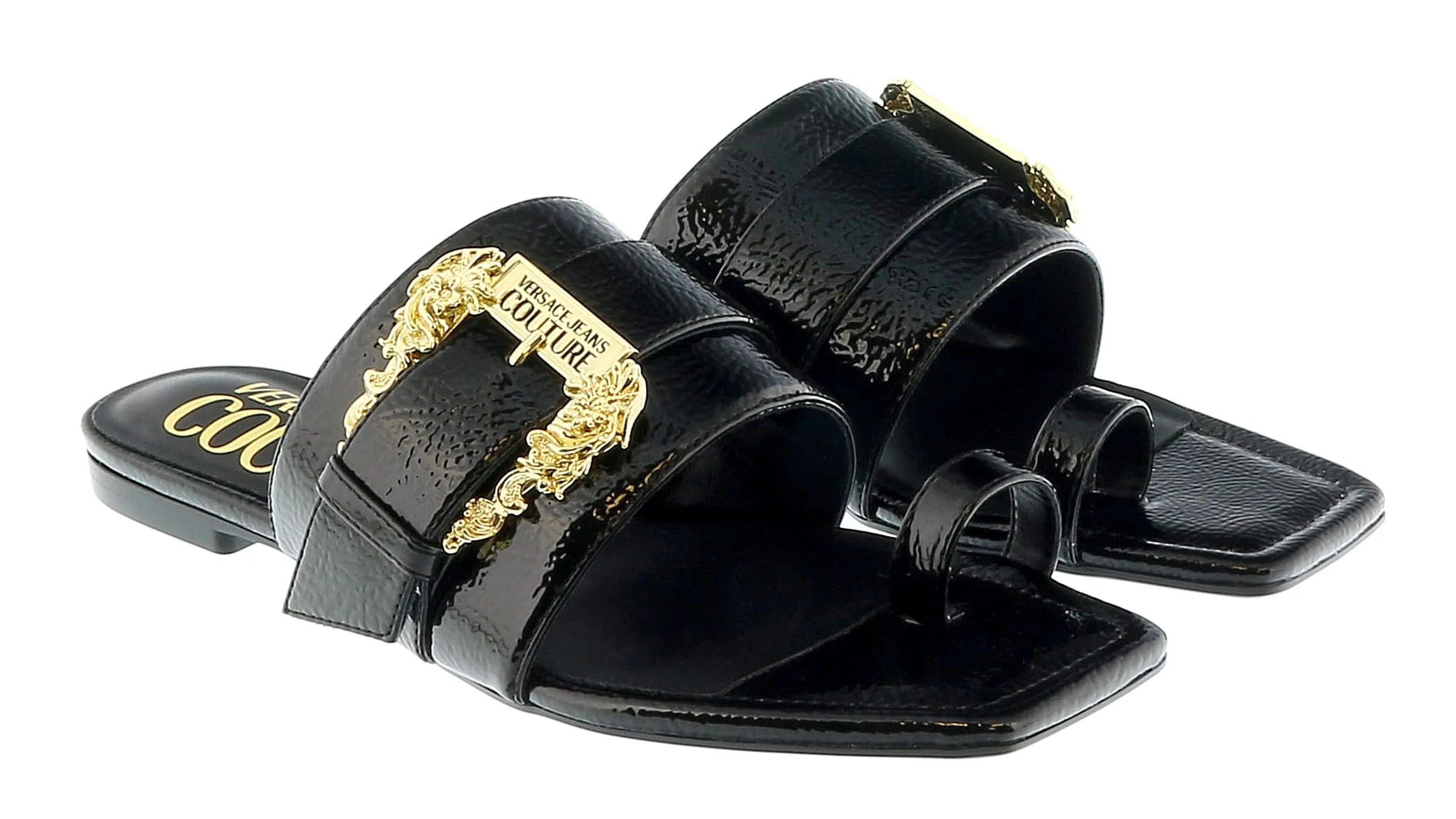 Versace Jeans Couture Black Logo Baroque Flat Slip On Mule Sandals-