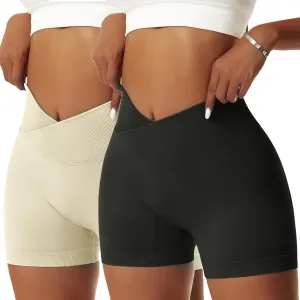 Vertvie 2 Pack Workout Gym Shorts for Women High Waisted Booty V Cross Biker Shorts Scrunch Butt Athletic Yoga Shorts
