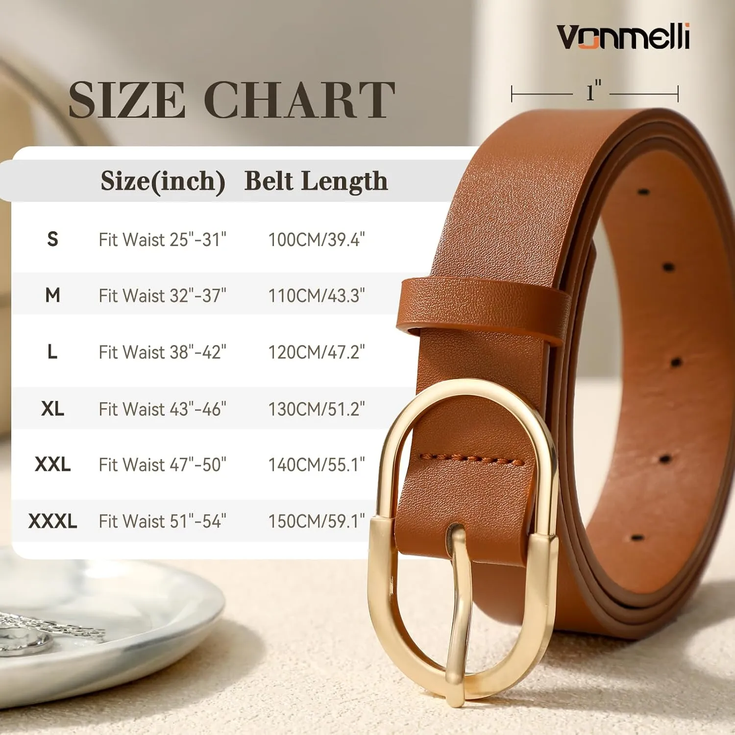 VONMELLI 2 Pack Women's Belts for Jeans Pants Fashion Gold Buckle Ladies Dress Belt