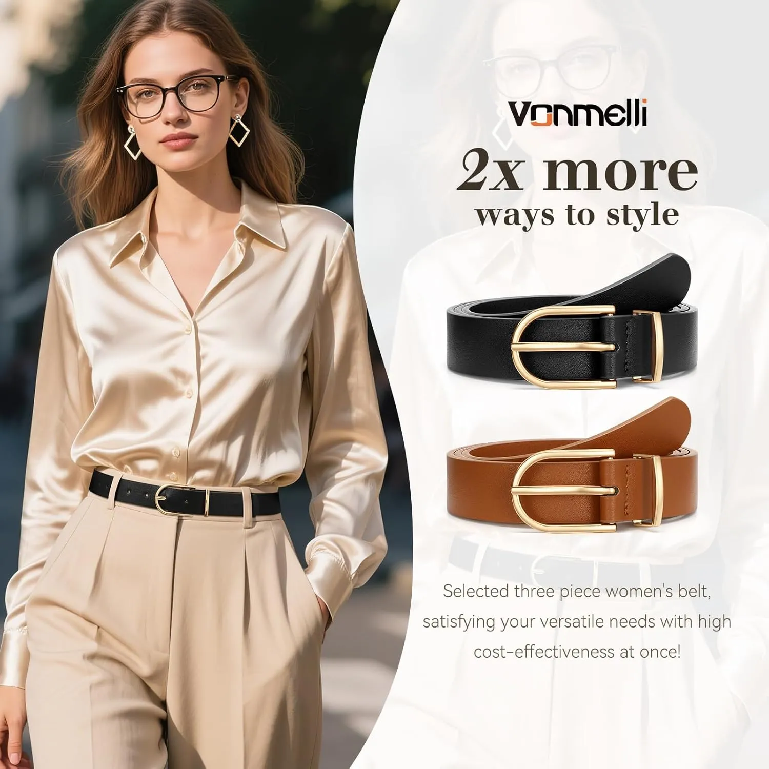 VONMELLI 2 Pack Women's Belts for Jeans Pants Fashion Gold Buckle Ladies Dress Belt