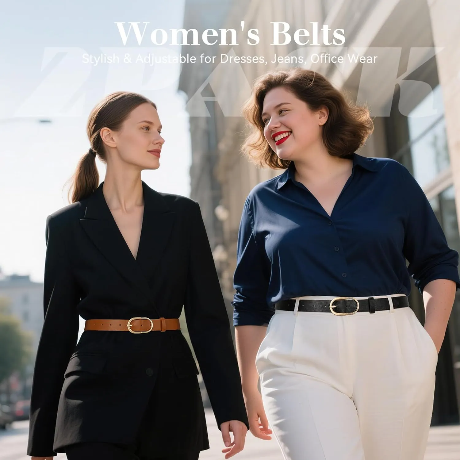 VONMELLI 2 Pack Women's Belts for Jeans Pants Fashion Gold Buckle Ladies Dress Belt