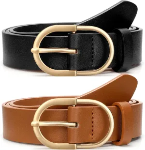 VONMELLI 2 Pack Women's Belts for Jeans Pants Fashion Gold Buckle Ladies Dress Belt
