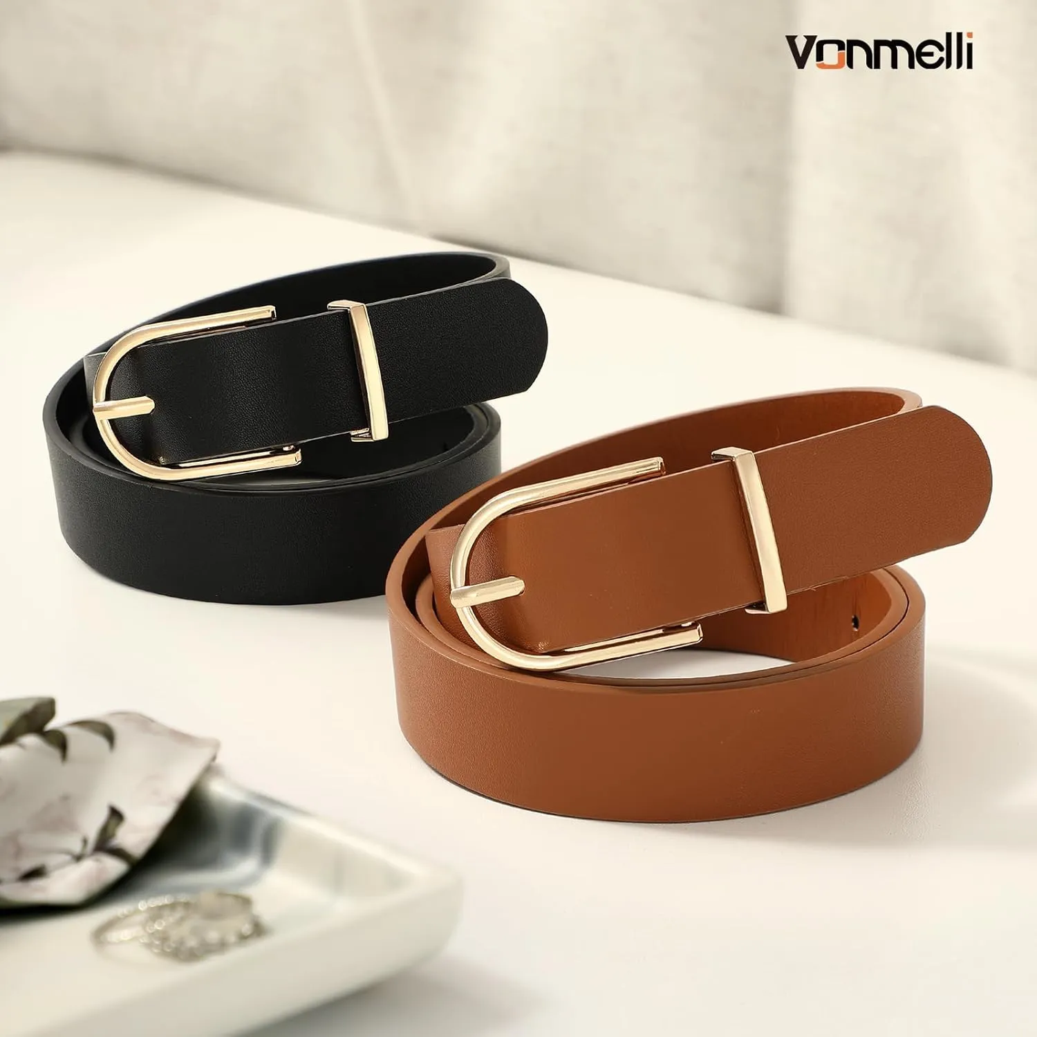 VONMELLI 2 Pack Women's Belts for Jeans Pants Fashion Gold Buckle Ladies Dress Belt