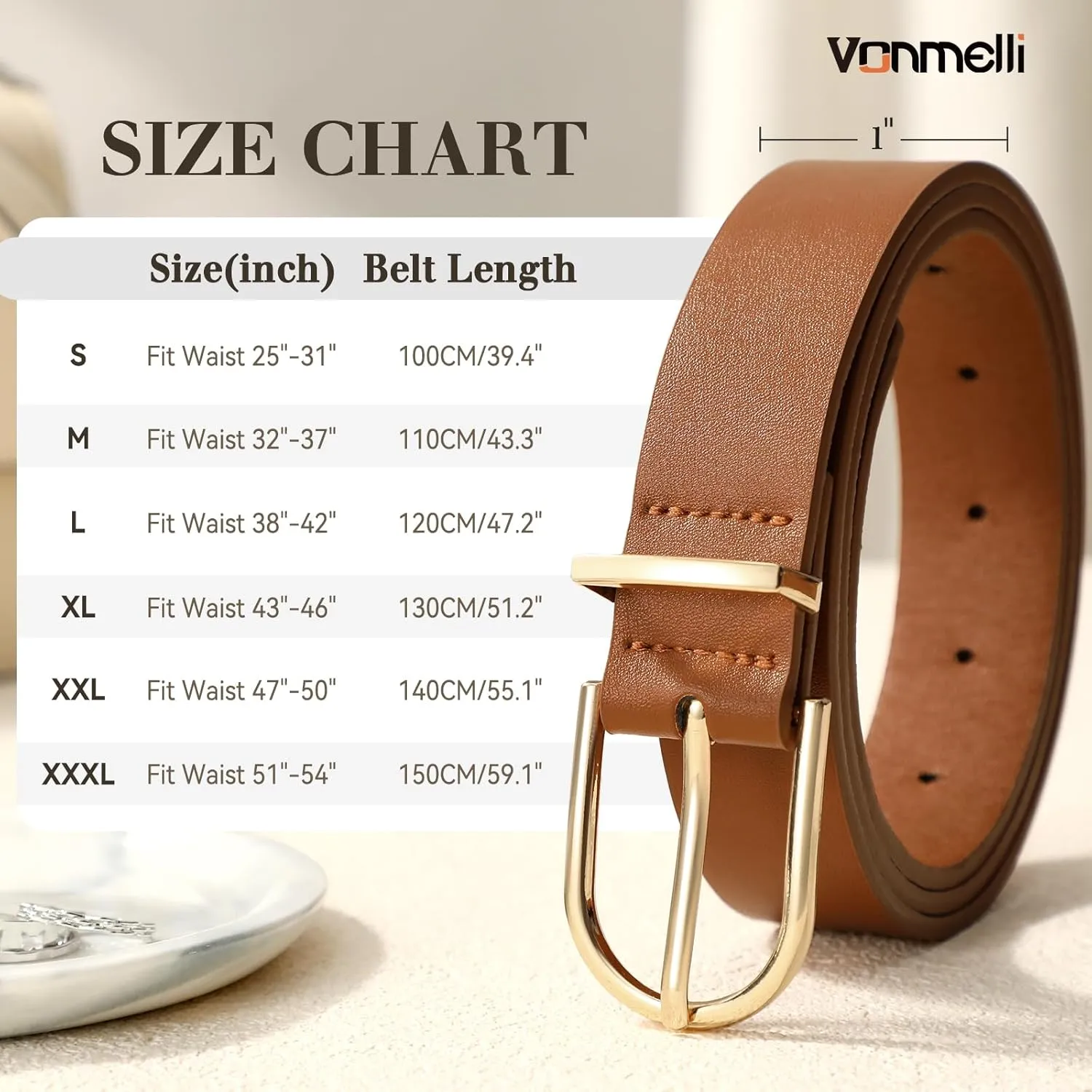 VONMELLI 2 Pack Women's Belts for Jeans Pants Fashion Gold Buckle Ladies Dress Belt