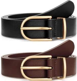 VONMELLI 2 Pack Women's Belts for Jeans Pants Fashion Gold Buckle Ladies Dress Belt