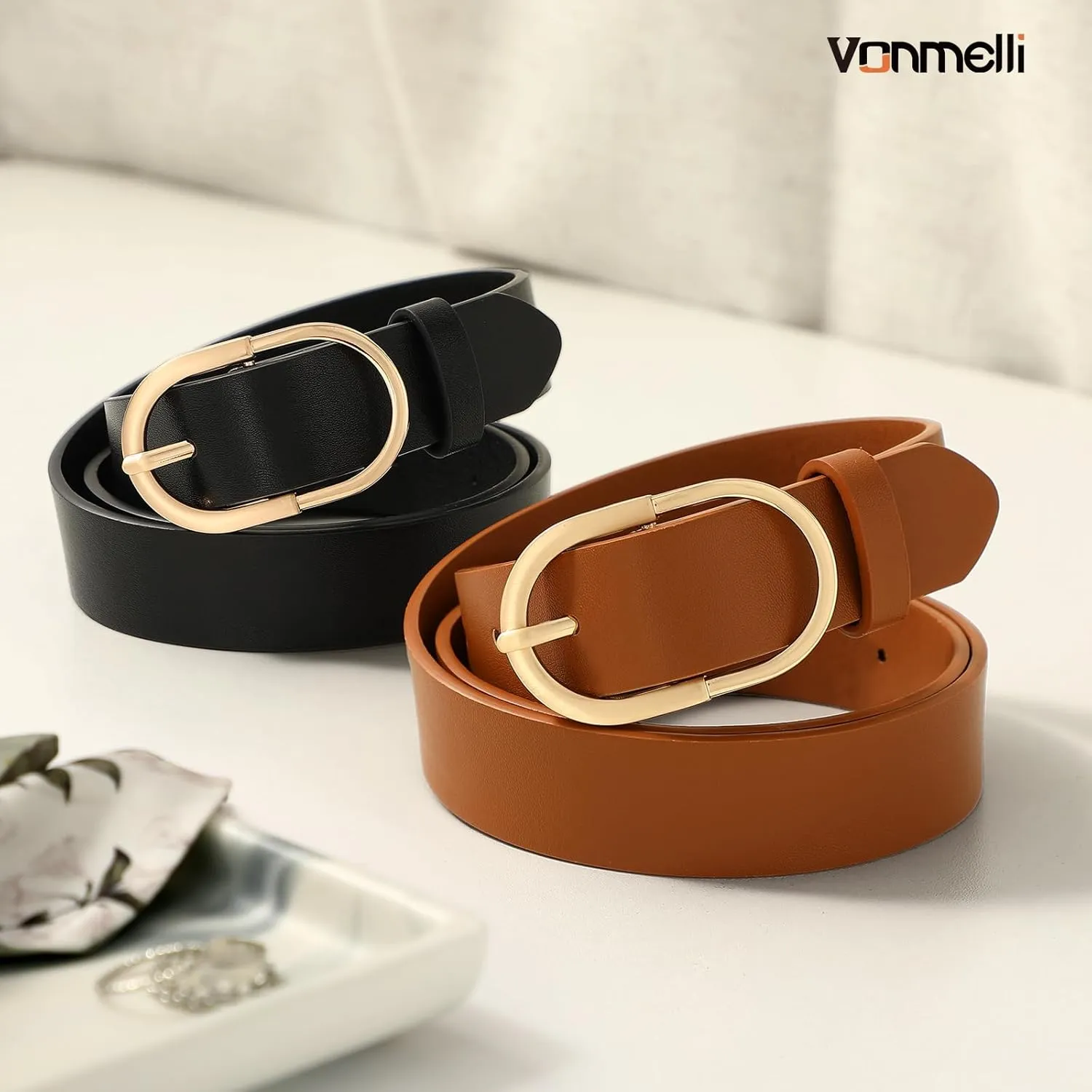 VONMELLI 2 Pack Women's Belts for Jeans Pants Fashion Gold Buckle Ladies Dress Belt