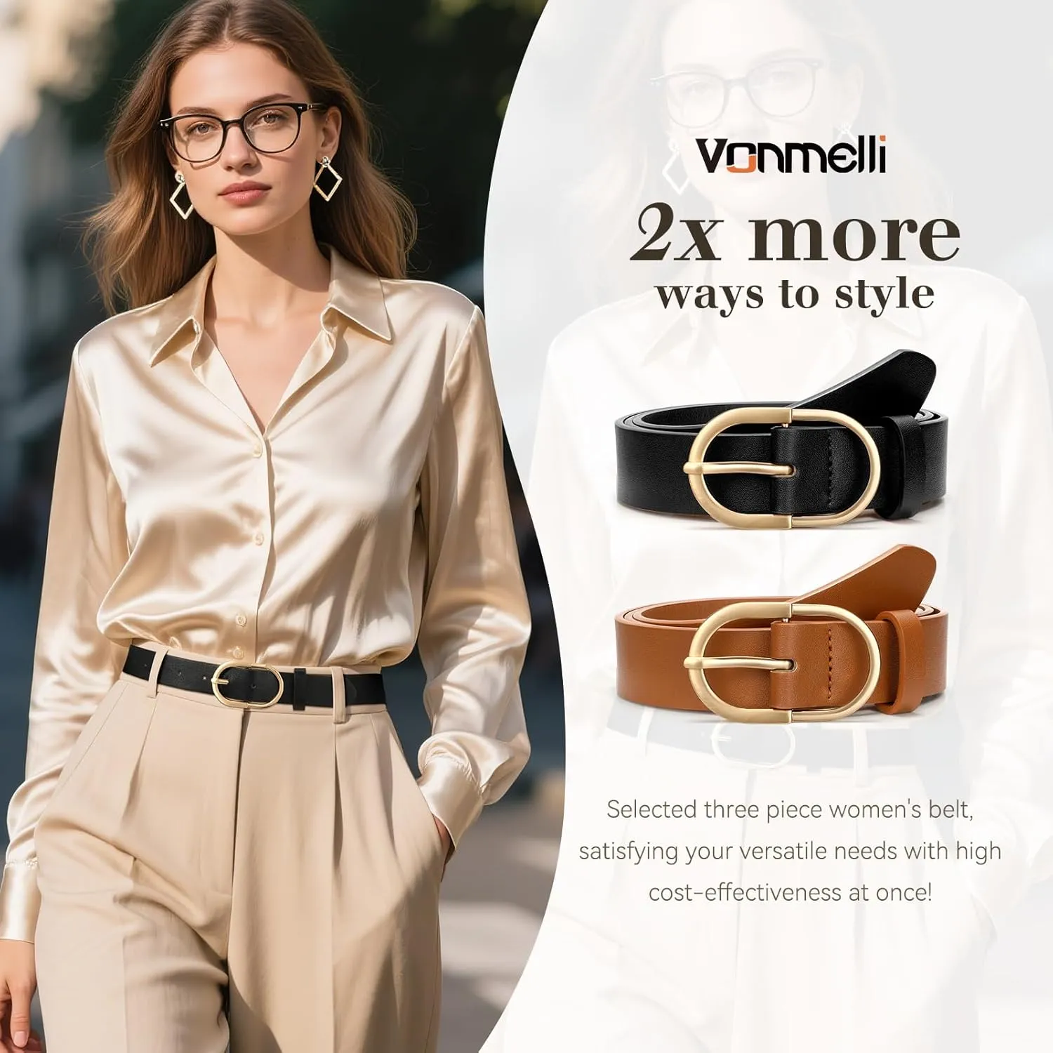 VONMELLI 2 Pack Women's Belts for Jeans Pants Fashion Gold Buckle Ladies Dress Belt