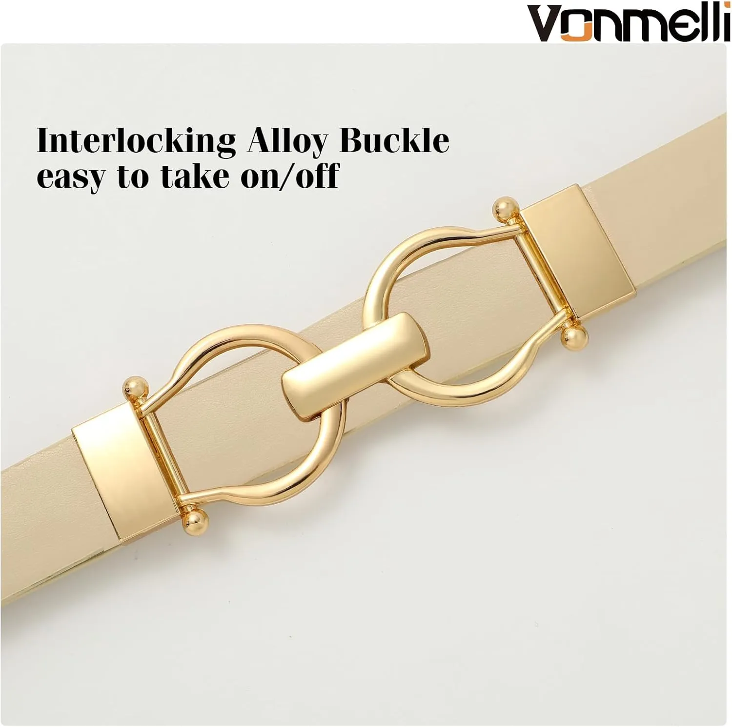 VONMELLI 2 Pack Women's Leather Belts for Jeans Dress Pants Ladies Waist Belt Skinny Belt with Fashion Gold Buckle