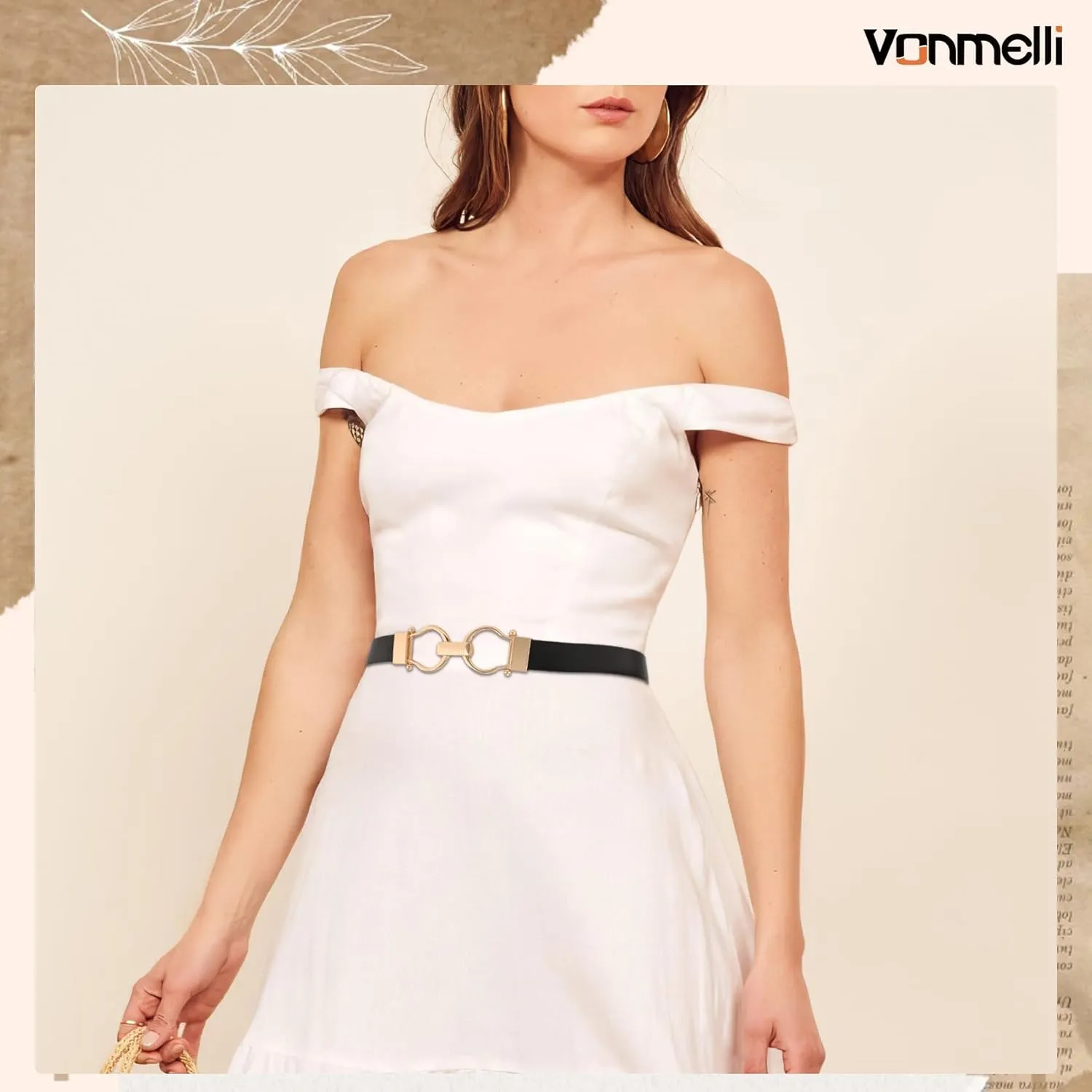 VONMELLI 2 Pack Women's Leather Belts for Jeans Dress Pants Ladies Waist Belt Skinny Belt with Fashion Gold Buckle