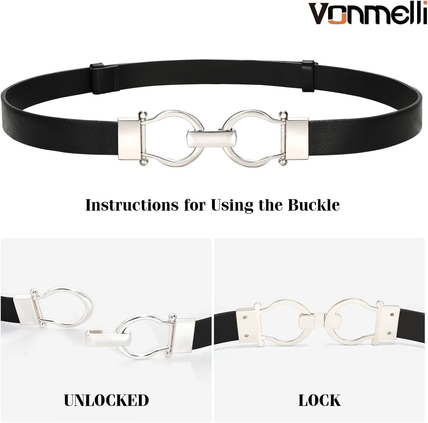 VONMELLI 2 Pack Women's Leather Belts for Jeans Dress Pants Ladies Waist Belt Skinny Belt with Fashion Gold Buckle