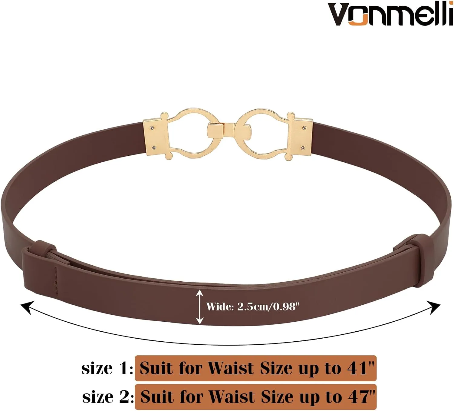 VONMELLI 2 Pack Women's Leather Belts for Jeans Dress Pants Ladies Waist Belt Skinny Belt with Fashion Gold Buckle