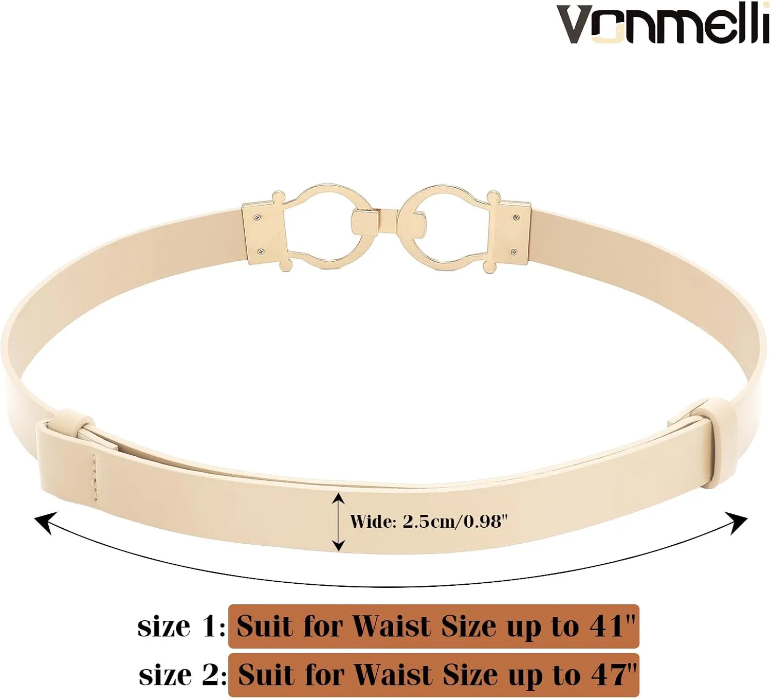 VONMELLI 2 Pack Women's Leather Belts for Jeans Dress Pants Ladies Waist Belt Skinny Belt with Fashion Gold Buckle