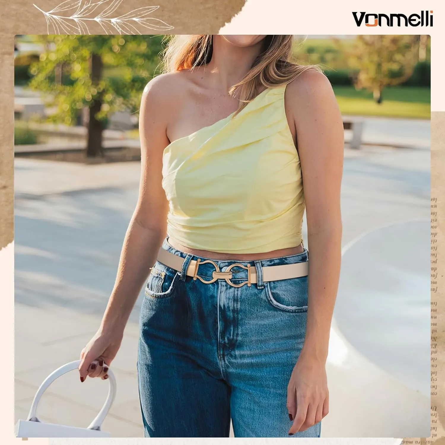 VONMELLI 2 Pack Women's Leather Belts for Jeans Dress Pants Ladies Waist Belt Skinny Belt with Fashion Gold Buckle