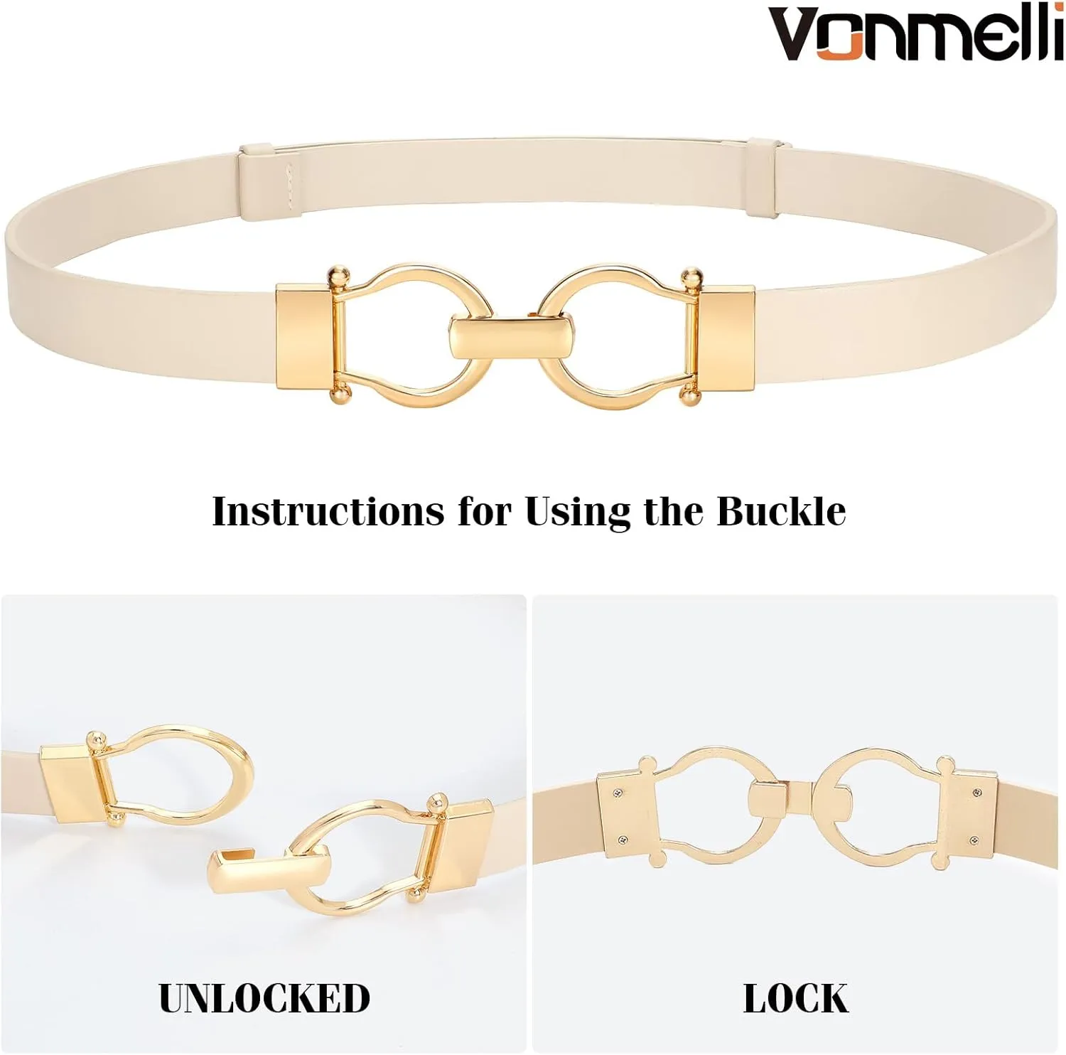 VONMELLI 2 Pack Women's Leather Belts for Jeans Dress Pants Ladies Waist Belt Skinny Belt with Fashion Gold Buckle