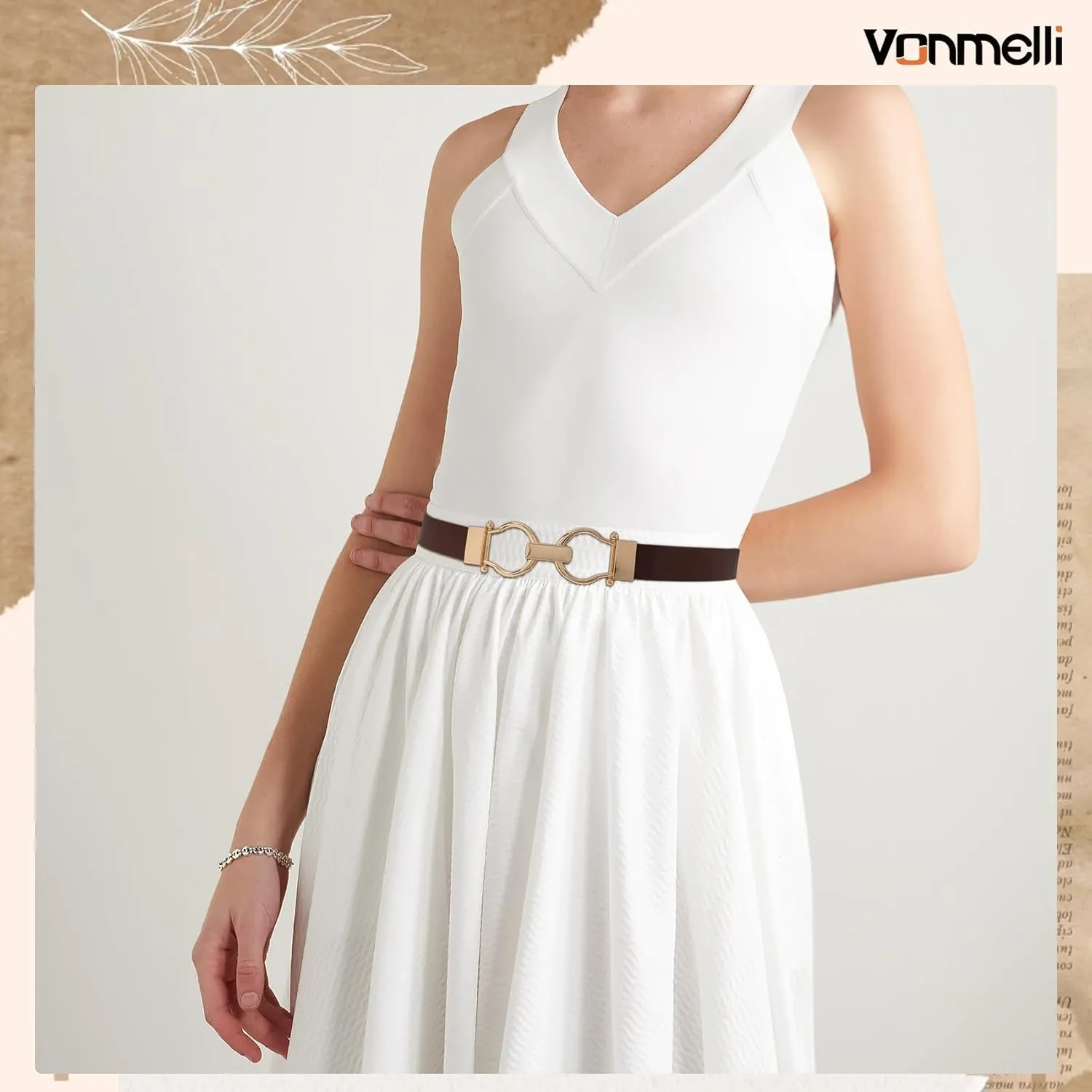 VONMELLI 2 Pack Women's Leather Belts for Jeans Dress Pants Ladies Waist Belt Skinny Belt with Fashion Gold Buckle
