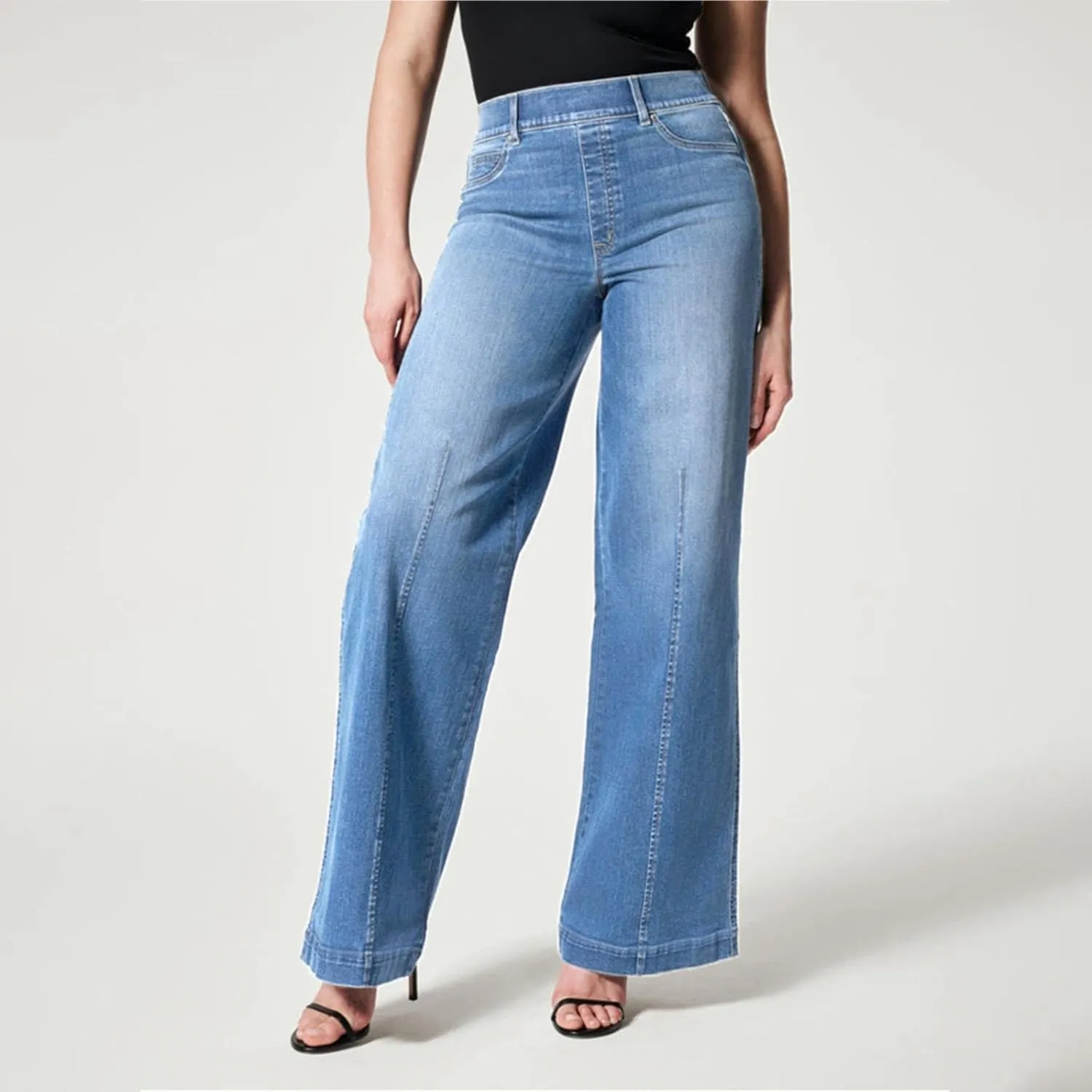 Wide Leg Jeans for Women Trendy Stretch Straight Leg Elastic High Waisted Denim Pants Baggy Pull On Jeans for Women