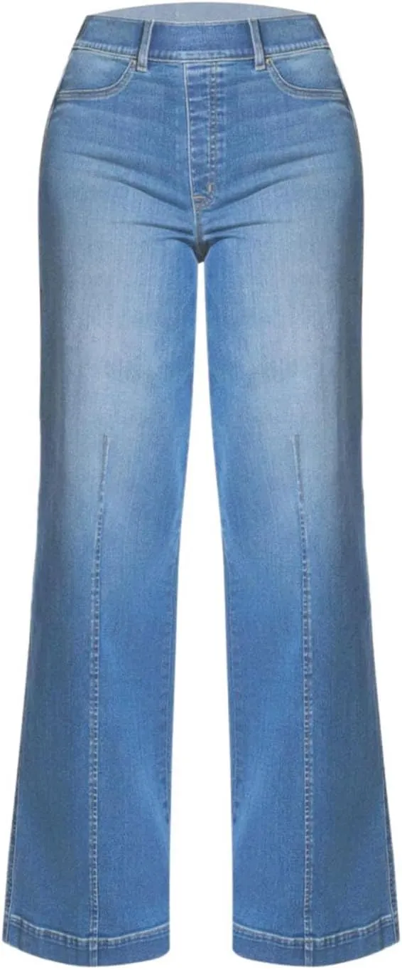 Wide Leg Jeans for Women Trendy Stretch Straight Leg Elastic High Waisted Denim Pants Baggy Pull On Jeans for Women