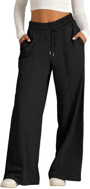 Wide Leg Sweatpants for Girls Elastic Drawstring Baggy Straight Leg Comfy Plain Joggers Trousers with Pockets