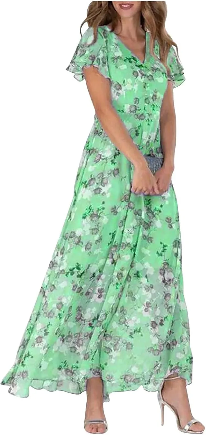 Women Casual Summer Dresses Chiffon Floral Short Sleeve Sun Dresses for Women 2025 Flowy Swing Party Beach Skirts