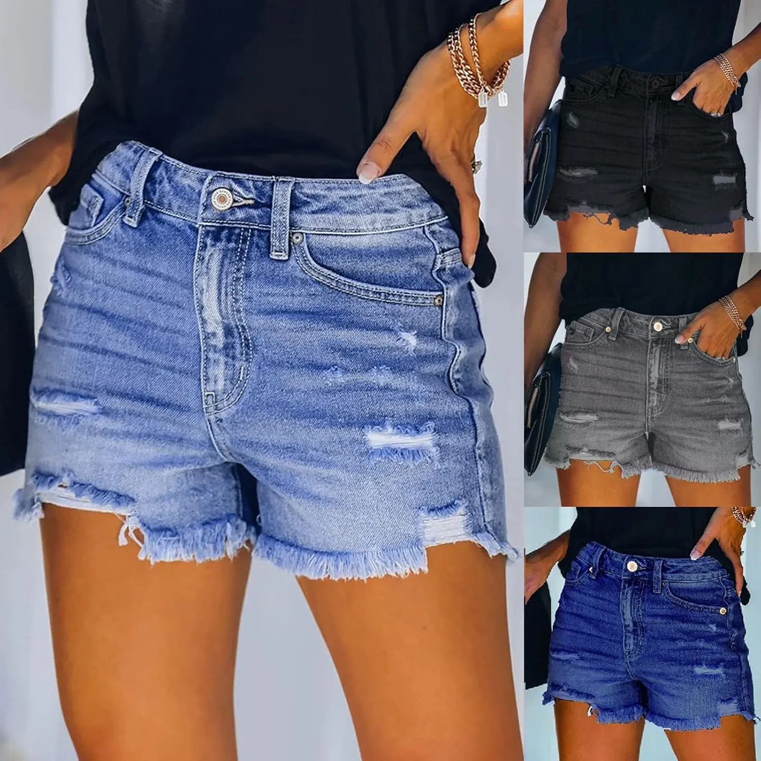 Women Denim Shorts Casual Summer Mid Waist Stretchy Jean Shorts Trendy Blue Ripped Frayed Raw Hem Distressed Shorts