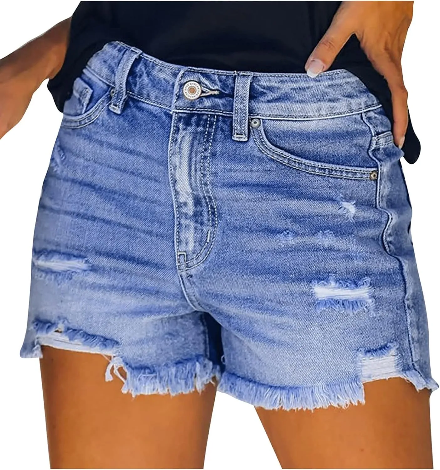 Women Denim Shorts Casual Summer Mid Waist Stretchy Jean Shorts Trendy Blue Ripped Frayed Raw Hem Distressed Shorts